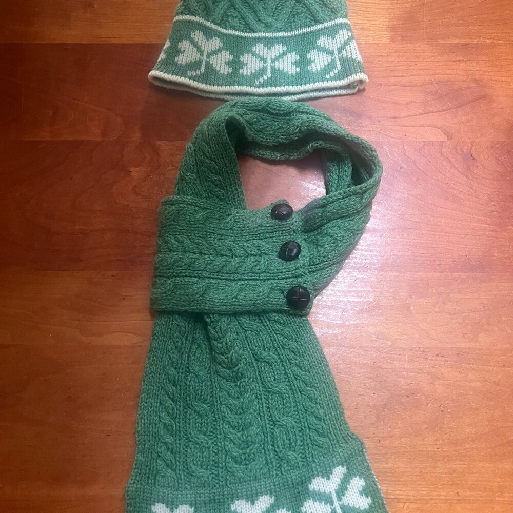 Irish Merino Wool Beanie and Scarf Set, Green with Shamrocks by Saol